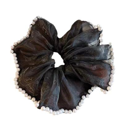 China Hair Scrunchy Wholesale Boutique's Elegant Ladies Pearl Black Elastic Stretchy Ponytail Holder Handmade Inlaid Hair Accessory for sale