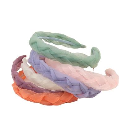 China Hairband Latest Hand Knit Fancy Hairband Designs Transparent Mesh Woven Cross Candy Colors Fabric Material for sale