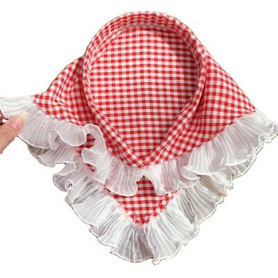 China Hairband Wholesale Customized Pure Handmade Fashion Hair Scrunchies Checkered Triangle Hairband with Lace Ruffle Fabric Material for sale