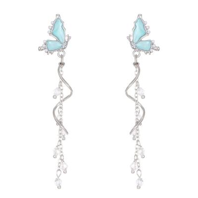 China High Quallity Elegant Design Fashion Jewelry Gifts Fairy Shiny Blue Butterfly  Earrings With Long Tassel for sale