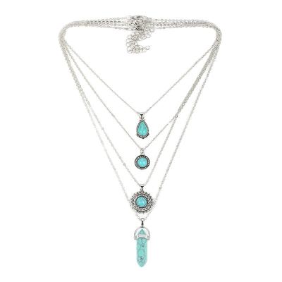 China Decoration Women's Bohemian Style Western Jewellery Set Turquoise Pendant Necklace with Four-Layer Design Gift for Occasions for sale