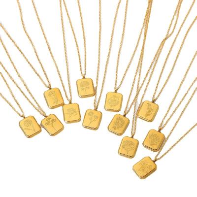 China TRENDY New style 18k Gold Plated Stainless Steel 12 Month Flower Jewelry Square Birth Flower Pendant Necklace for sale