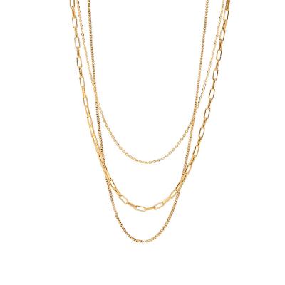 China Vintage Vintage 18K Gold Plated Paperclip Box Chain Layered Necklace Stainless Steel Triple Layer Necklace For Women for sale