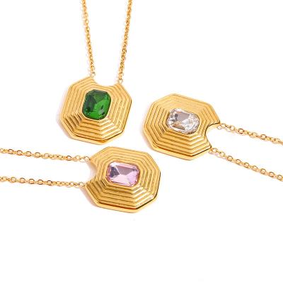 China Vintage Vintage Stainless Steel White Zircon Necklace Pyramidal Shape Inlaid Green Zircon Emerald Necklace for Women for sale