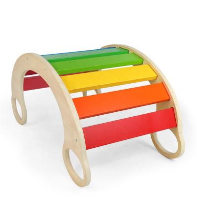 China Waldorf Wooden Gymnasium Montessori Preschool Equipment Rainbow Arch Rocking Balance Chair Eco-Friendly Panel Balance Climbing Educational Wooden Toy for sale