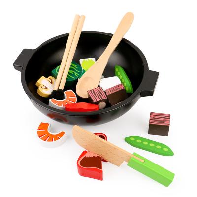 China Kitchen Eco-Friendly Wooden Stir Fry Slicing Play Set Playhouse Toys Food Slicing Cooking Toy For Kids for sale