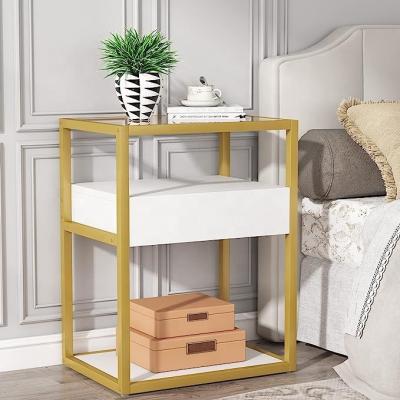 China Tribesigns Modern Simple Light Weight Bedside Table Storage And Tempered Glass With Drawer And Shelf Nightstands End Table Life for sale