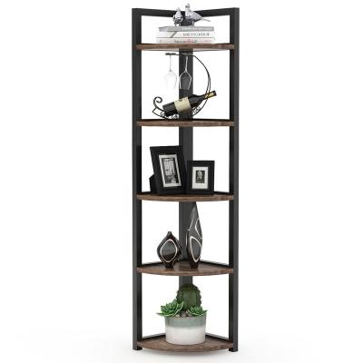 China Tribesigns 5 Tier Boockrack Unit Wood Shelf Corner Rack Space Saving Viable Factory Freestanding For Wall for sale