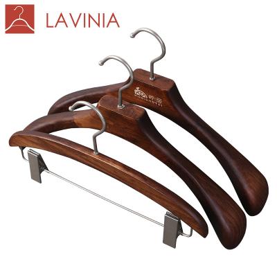 China Anti-slip spine retro wooden hanger pants racks clothing store home vintage color dark brown coat hanger for sale