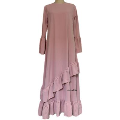 China Polyester Modest Abaya Islamic Long Sleeve Solid Color Dresses Muslim Turkey Fashion Ruffled Abaya for sale