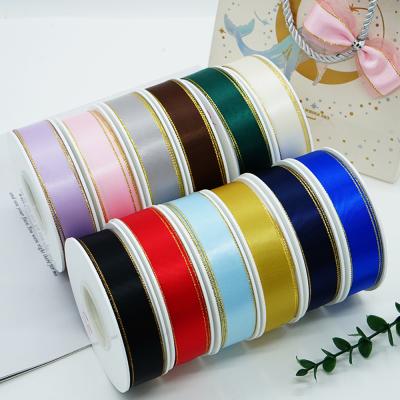 China Recyled Top Ribbons Polyester 3-38mm Fashion Double Faced Metallic Gold Edge Satin Ribbon for sale