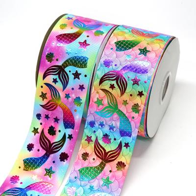 China 2.95 Inch Width Recyled Gold Foil Satin Ribbon 75mm Printed Mermaid Ribbon Customized Decorative Accessories Gift Materials for sale