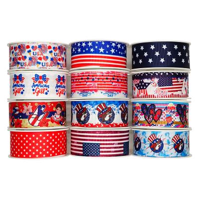 China Recyled 38mm Width 1.5Inch Roll Of Satin Ribbons Paper America 4th July Ribbon Custom Star Alert Blue Accessories for sale