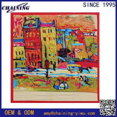 China Square Van Gogh Oil Panting Red House Imitated Silk Satin 90*90cm Tudung Square Scarf for sale