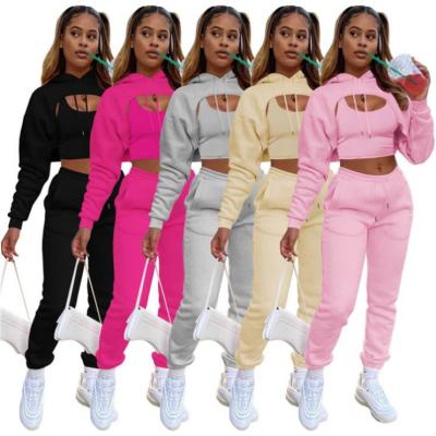 China Anti-pilling Customize Logo Solid Color Drawstring Tank Top Women's Sweatsuit 3 Piece Crop Tops Pants Set Salon Wear Two Piece Set for sale