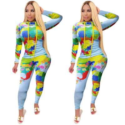 China Bestselling QUICK DRY plus size turtle neck card printing long sheath casual two piece set women two piece pants set for sale