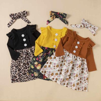 China 2021 Spring Autumn Breathable Girls Dress Kids Babies Leopard Dress Headband Outfit Flower Printed Cotton Dresses for sale