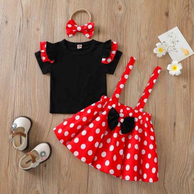 China Casual COLORFUL Toddler Kids Summer Ruffles Tops+Polka Dot Suspender Skirt +Headband Kids Dress for sale