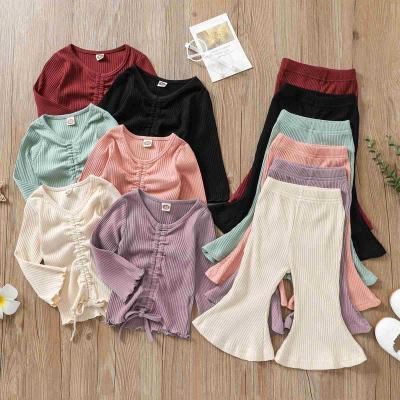 China Preppy Style COLORFUL Knitted Clothes Draped Long Sleeve Tops+Flare Pants Solid Color 2pcs Girls Clothing Set for sale