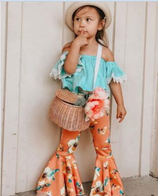 China COLORFUL Lolita Style Baby 2Pcs Kids Costume Set Boat Neck Shorts Sleeve Top+Floral Print Long Pants Kids Wear for sale