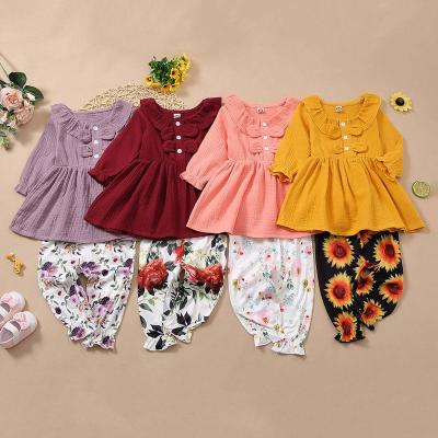 China Preppy Style Kids Clothing COLORFUL Kids Ruffle Shirt Pants Floral Outfit 2Pcs Cotton Baby Outfit for sale