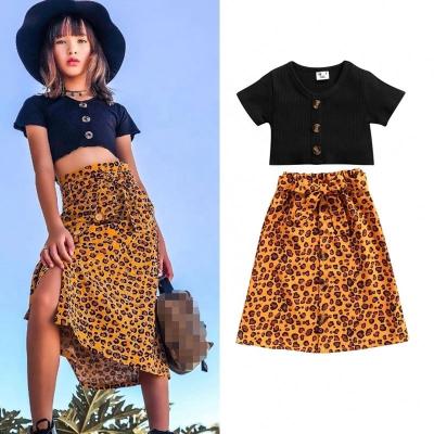 China Casual COLORFUL Girl Clothing Shorts Sleeve Button Tops +Leopard Ankle Length Skirts Girl Clothing for sale