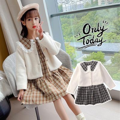 China New style casual COLORFUL plaid coat girl's wool skirt set two-piece set children wear girl's dress for sale