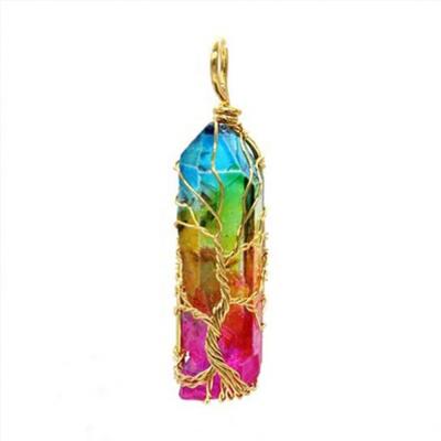 China Fashion Jewelry Irregular Wire Wrapped Rainbow Crystal Necklace Quartz Chakra Pendant Necklace Tree of Life for sale