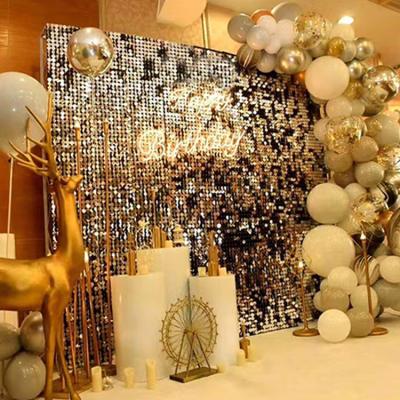 China Custom Outdoor Rose Gold Shimmer Sequin Wedding Backdrop Event Gold Round Square Decoration 4d Logo Ballon Party Panel White Wall for sale