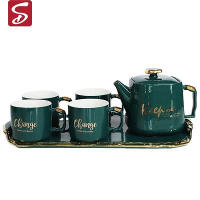 China Agriculture popular simple shiny green teapot ceramic teapot with 4 cups set, custom logo and packaging for sale