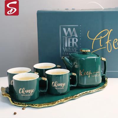 China Customizable Agriculture New Arrival Green Gold Rim 6pcs Tea Canister Set European Luxury Ceramic Coffee Tea Sets With Tray For Gift for sale