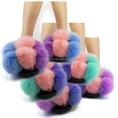 China Fashion Trend Custom Colorful Fox Fur Pom Pom Slippers For Fashion Lady for sale