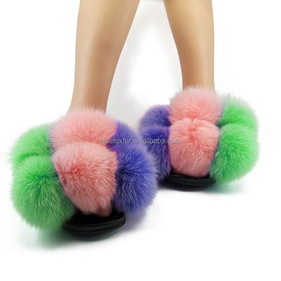 China Fashion Trend Popular Style Pom Pom Balls Fox Fur Slides Fluffy Hairy With High Quality for sale