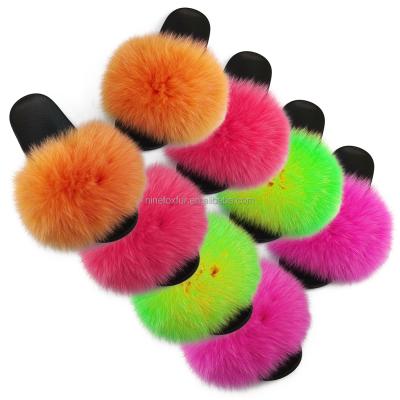 China Fashion Trend Designer Real Good Quality Fox Fur Slides Fur Sandal Fox Fur Mule Slippers For Women With Custom Logo for sale