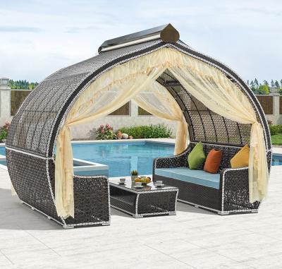 China Modern European Style Rattan Pavilion With Beige Aluminum Frame Tent Gazebo Curtain Outdoor Garden Furniture for sale