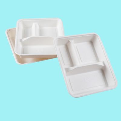 China Biodegradable Compostable Tableware Tray 100% Bagasse Disposable Fiber Pulped 3 Compartment Store for sale