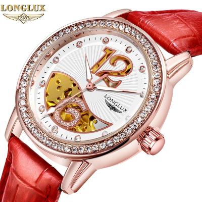 China Automatic Date LONGLUX Hollowed-out Full Drill Automatic Mechanical Watch Leather Female Shell Table Waterproof Wholesale for sale