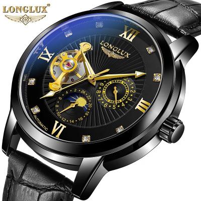 China Real Date LONGLUX Belt Fashion Automatic Watch Needle Hollow-out Mechanical Men's Watch for sale