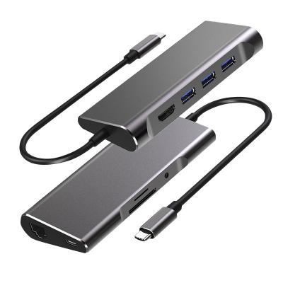 China New Arrival Multi Function Data Transfer Cable 9 In 1 C Hub Adapter Multiport Usb Laptop Usb Type To Rj45 SD Slot Docking Station Hd-MI Usb3.0 Tf for sale