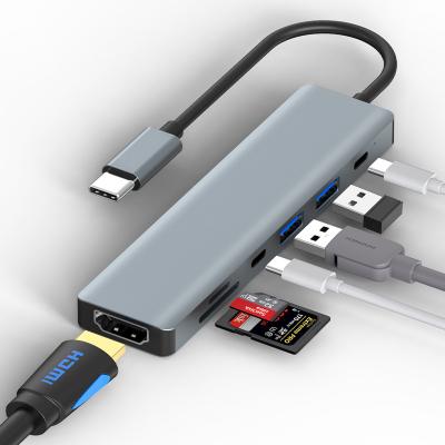 China Multi Cable Data Transfer Function Portable Usb C Hub Adapter New Cheap Design To HD-MI PD Usb3.0 Dual SD TF Slot 7 In 1 Hub Converter from USB-C for sale