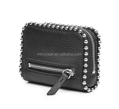 China Lady Fashion Silver-Tone Stud Women Waterproof Wallet Black Genuine Leather Short Wallet for sale