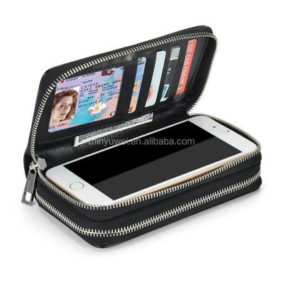 China Multifunctional RFID Double Zipper Leather Wallet Case with Card and Money Slots for Different Size Mobile for sale