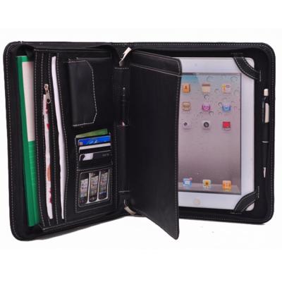 China Pen Black PU Leather Business Cards And Folders Zip Around Genuine Leather A4 Folder Tablet Case for sale