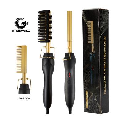 China Adjustable Temperature Logo Metal Electric Hot Comb Custom Sweep Hot Iron Hair Straightener Hair Curler Combs for sale