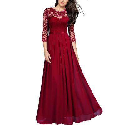 China Anti-Static Women's 3/4 Sleeve Lace Up Cocktail Evening Dress Floral Elegant Crew Neck Floor Length For Party for sale