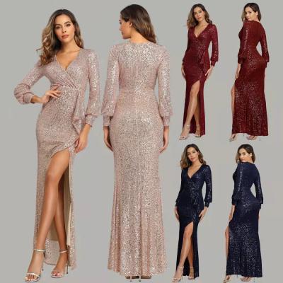 China Sleeve V Ncek High Split Sequin Dress Women Ladies Party Maxi Sequin Evening Dresses 2021 Anti-Wrinkle Long for sale