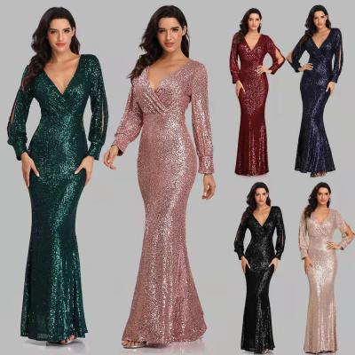 China 2021 High Quality Anti-Wrinkle Women Ladies Sheath Long Party Maxi Sequin Evening Prom Dress V Ncek for sale