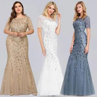 China 2021 High Quality Mesh Plus Size Bride Clothing Women's Evening Dresses Sleeve Party Sequin Beading Anti-Wrinkle Short Dress for sale