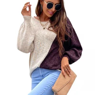 China Anti-Wrinkle Women's Long Sleeve Crewneck Sweater Knit Casual Pullover ColorBlock Sweater for sale