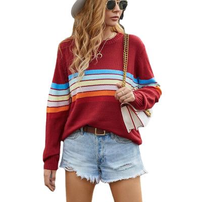 China Anti-wrinkle Fashion Student Stitching Sweater 2021 New Rainbow Striped Sweater Women for sale